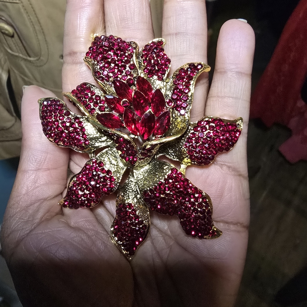 Extravagantly Large Ruby Red Rhinestone Floral Br… - image 5